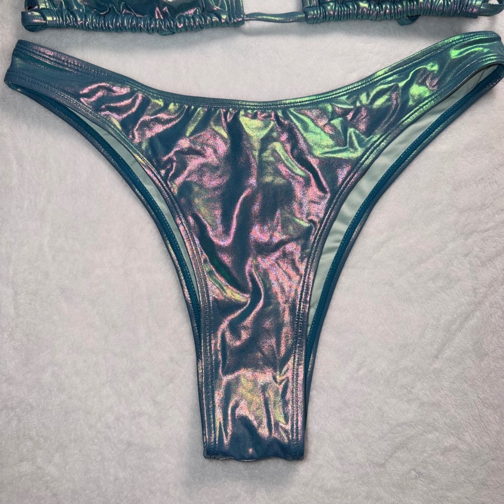 Cupshe Womens Holographic Iridescent Bikini Set Blue Teal Metallic Padded M NEW - Picture 3 of 9